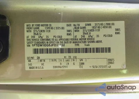 2018 Ford F-150 Lariat z USA, uszkodzony, nr VIN 1FTEW1EG5JFD31722